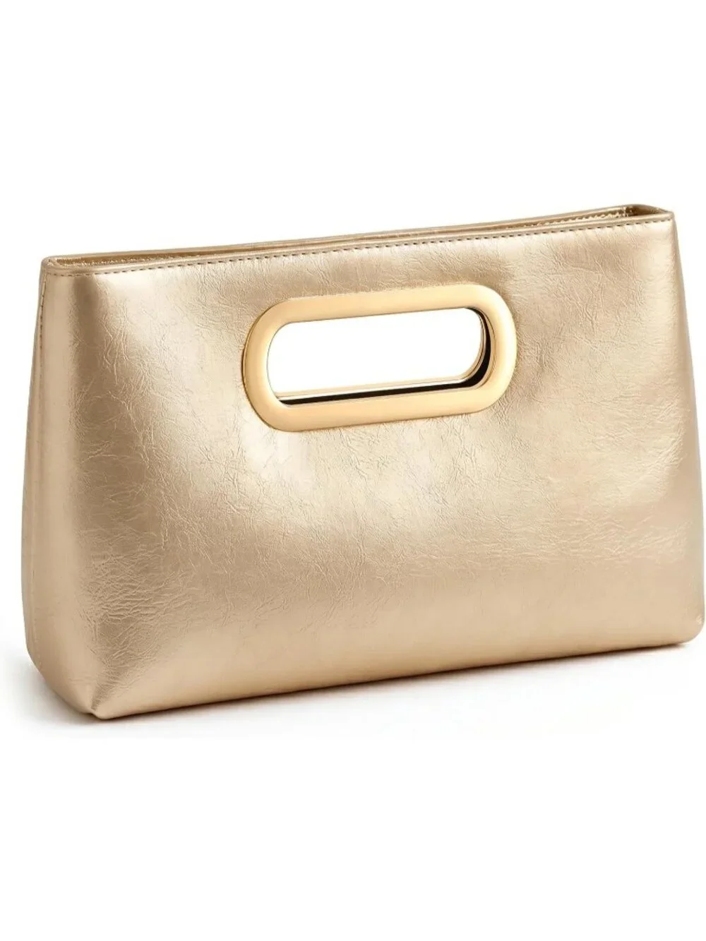 Women Gold Clutch Handbag Modern Faux Leather with Metal Handle Evening Bag